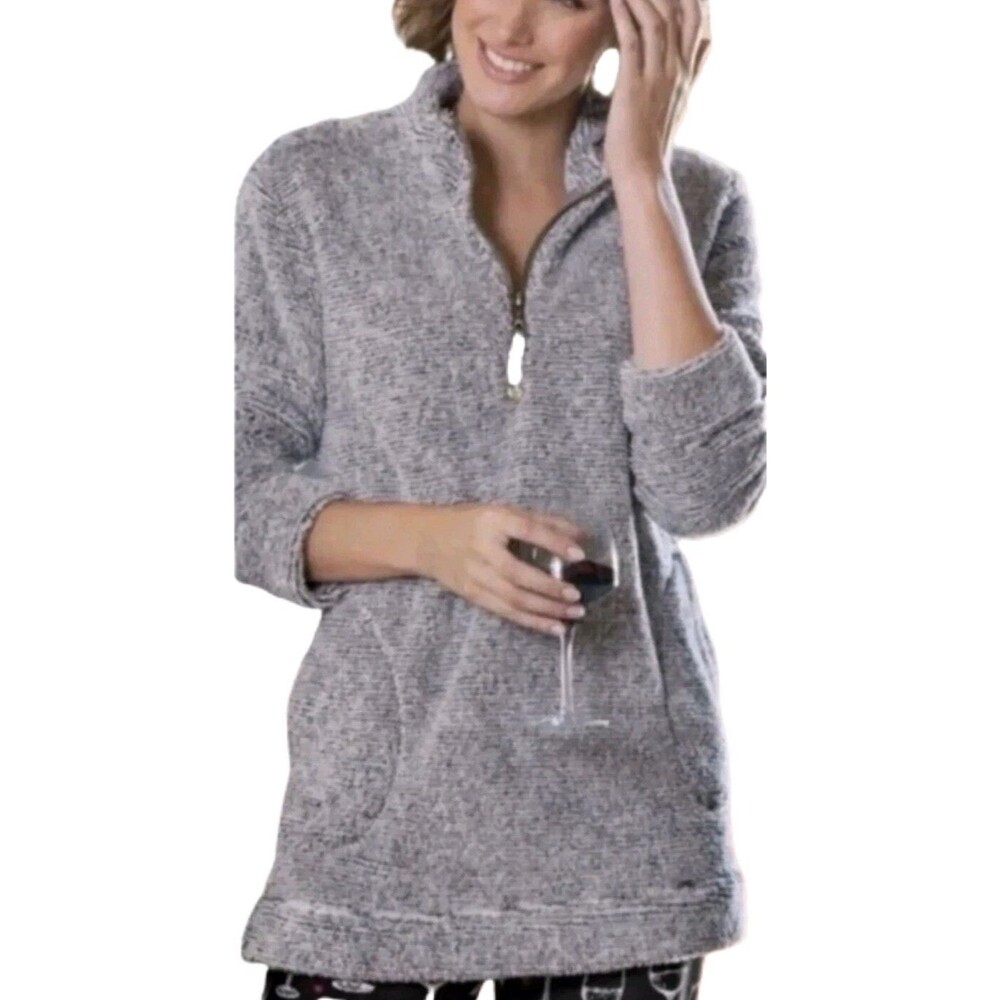 Soft Surroundings gray Luxe Sherpa faux fur Pullover Sweatshirt topper lounge L
